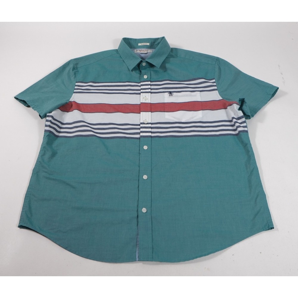 Original Penguin Shirt Mens XL Teal Green Short Sleeve Stripe Classic Fit Cotton